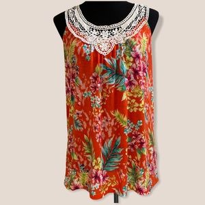 Carolyn Taylor Crocheted Neckline Tropical Tank SM